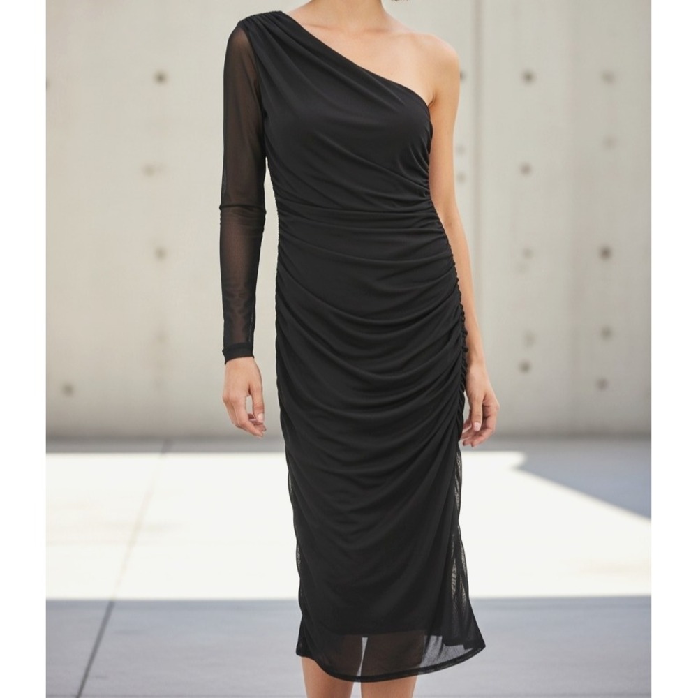 NWT Lulus Size S Black Sheer Bodycon Midi One-Shoulder Dress Contrasting Lining